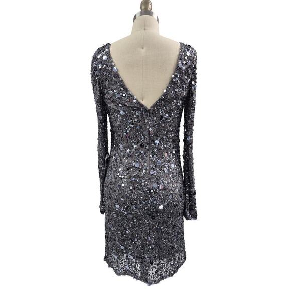 NWT Aidan Mattox Silver Fully Sequined Party Dress Long Sleeve Mini Dress Sz 4 - Picture 3 of 7
